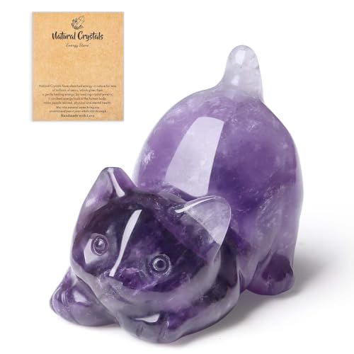 QINJIEJIE Figuras de gato de cristal de amatista de 2 pulgadas, adornos de animales, decoración de escritorio, estatua de gato de la suerte, color morado, para mujeres, hombres, niñas y amantes
