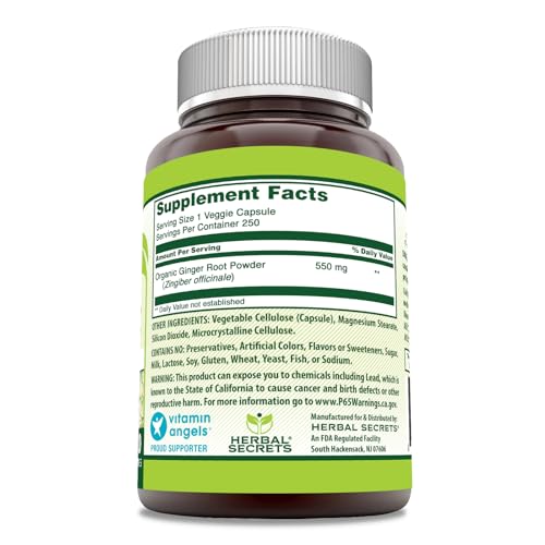 Herbal Secrets Ginger Root 550 mg Per Serving, 250 Veggie Capsules Supplement | Non-GMO | Gluten Free | Made in USA