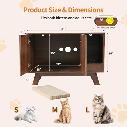 Image of Cat Litter Box Enclosure with Litter Collector,Fluted Hidden Litter Box Furniture with Scratch Pad,31 inch Wooden Cat Cabinet,Cat House,TV Stand,Side Table for Living Room,Walnut