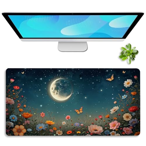 Image of Vimorco Waterproof Desk Pad,XXL Large Mouse Extended Gaming Mousepad with Anti-Slip Rubber Base,Computer Laptop Keyboard Mouse Mat for Women Girls Work,Game,Office,31.5 x 15.7 inch,Black Moon Flowers