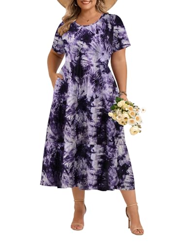 Image of LARACE Plus Size Dresses for Women Summer Casual Short Sleeve Long Dress Flowy Maxi Beach Dresses with Pockets L-6XL
