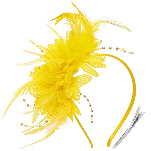 Image of DRESHOW Womens Fascinators Hats Tea Party Hats for Women Pearl Lace Feather Hat Vintage Derby Hats for Wedding Cocktail