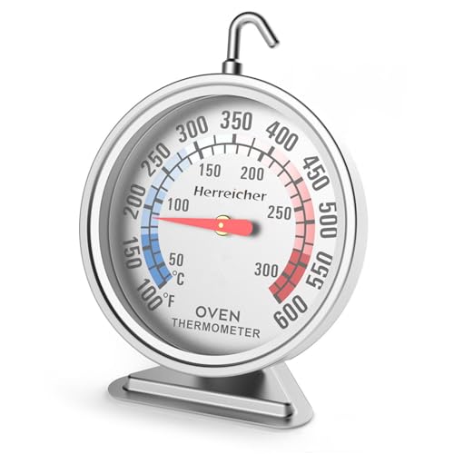 Foto von Herreicher Ofenthermometer 70mm Riesen-Zifferblatt mit 360° Drehhaken - Analoges Backofenthermometer Edelstahl 50-300°C mit Standfuß für Gasherd Elektroherd Grill BBQ Kuchen Braten