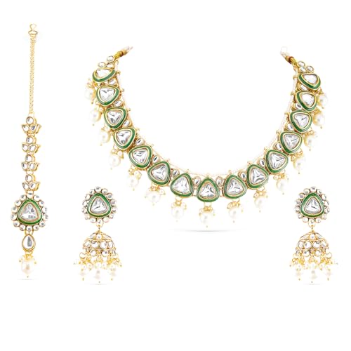 Image of Rubans Necklace Maangtikka Set Gold Plated Kundan & Pearl Jewellery Gift for Women & Girls