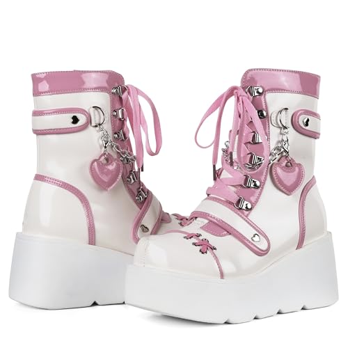 CELNEPHO Platform Ankle Boots for Women Wedge High Heel Booties Goth Round Toe Combat Boots Women Cute Heart Lace Up Rave Boots Outdoor Dress Boots with Chain3