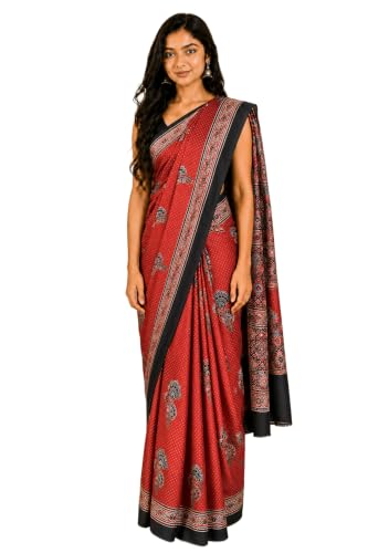 Image of Ethnics of Kutch Womenss Ajrakh Modal Silk Natural Dye Hand Block Print Saree with Blouse Piece - 5.5 Mtr Length