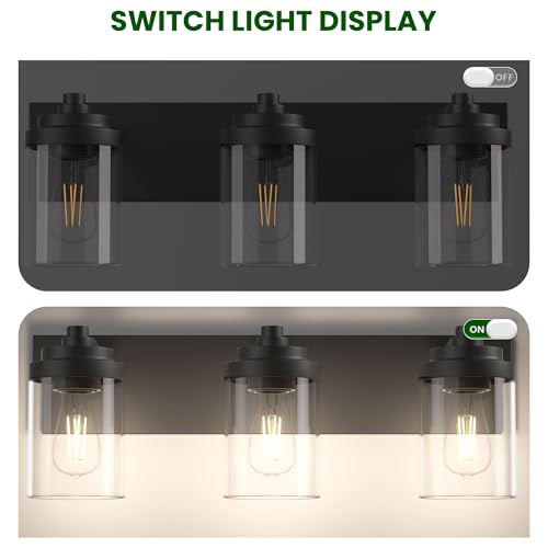 Image of Bathroom Vanity Light, 3-Light Modern Black Vanity Light Fixtures with Clear Glass Shade, 22in Matte Black Bathroom Light Fixtures Over Mirror, Rustic Restroom Lighting Fixtures
