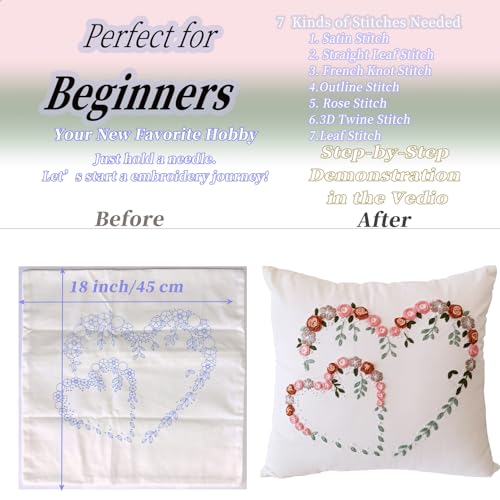 Image of FONNUY Crewel Pillow Case Embroidery Kit, Heart Shaped Loving You Floral Stamped Pattern Kits for Audlt Beginners, Works Crafts Throw Pillow Cover Great Gift for Loved Ones, 18 x 18'' (Beige)