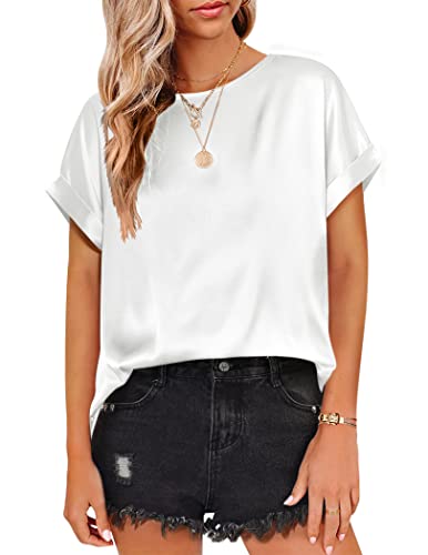 Beyove Women's Short Sleeve Pullover Blouses Satin Silk Shirts Casual Loose Elegant Work Tunic Tops