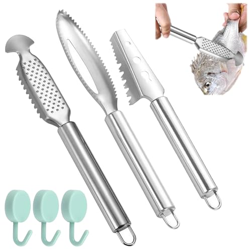 Tkxjry 3 Stück Fischentschupper Entferner, Entferner Fisch Entschuppen, Fischschuppenschaber, Edelstahl Fischentschupper, Fischschuppen Entferner, für Küche, Meeresfrüchte Märkte(Mit 3 Stück Haken)