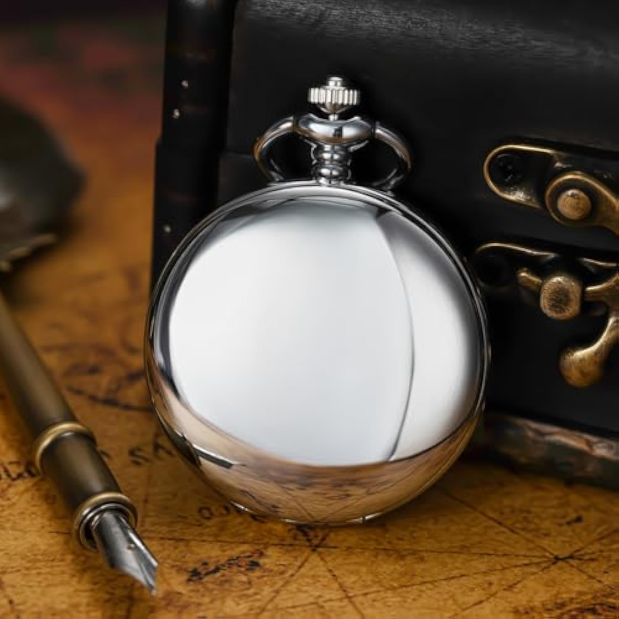 Retro Silver Mechanical Pocket Watch with Chain, Gift for Him