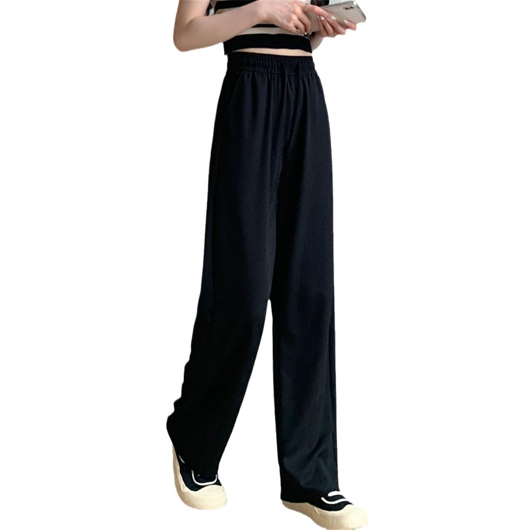 Bollrllr Ladies Office Wear Straight Leg Pants Retro High Waist Loose Wide Leg Pants