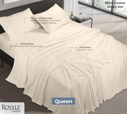 Image of ROYALE LINENS 100% Organic Cotton Queen Sheet Set - Percale Weave - 4 Pieces Set - 1 Flat, 1 Deep Pocket Fitted Sheet and 2 Pillowcases - Cream Bed Sheets - Sabanas Queen - Crisp Cool (Cream)