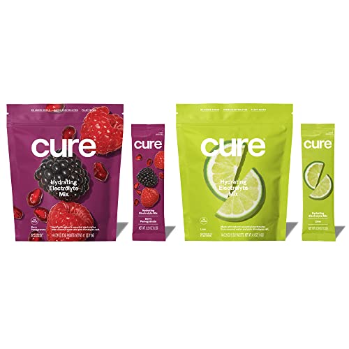 Cure Hydration Electrolyte Mix | Electrolyte Powder for Dehydration Relief | Made with Coconut Water | No Added Sugar | Vegan | Paleo Friendly | Berry Pomegranate + Lime Bundle | 28 Packets