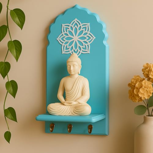 Image of Globally Indian Engineered Wood Keys Holder for Wall with Shelf, Mandala Design Key Stand Organizer for Home Entrance, Decorative Key Hanger for Wall, Entryway, Living Room, Floating Wall Shelf (Blue)