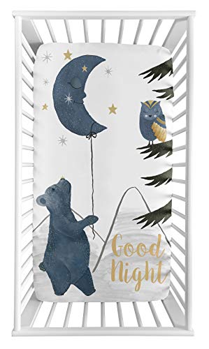 Image of Sweet Jojo Designs Woodland Bear and Owl Boy or Girl Fitted Crib Sheet Baby or Toddler Bed Nursery Photo Op - Navy Blue, Grey, Gold and Black Celestial Moon Star Watercolor Forest