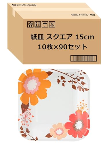 【Amazon.co.jp 限定】 ストリックスデザイン 紙皿 フラワースタイル スクエアプレート エキゾチックフラワー 900枚 (10枚 ×90セット)〔ケース販売〕 ピンク オレンジ 15cm 花柄 おしゃれ 角皿 パーティー ラミネート加工 使い捨