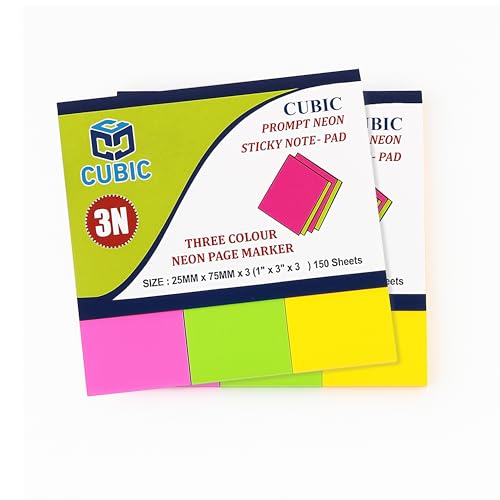 Image of CUBIC Prompt Neon Sticky Note Pad|Three Colour Neon Page Marker | 2.5cm x 7.5cm (1 inch x 3 inch) Pack of 2 | 150 Sheets Each | Fluorescent Colors | Easy Peel & Stick | Organize Notes & Reminders