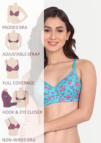 Image of Women Flower Printed Padded Bra - Made of Pure Cotton Full Coverage Non Wired Soft Cup for T-Shirt Saree Dress for Everyday
