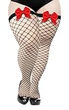 Moon Wood Damen Netzstrümpfe Halterlos mit Schleifen Halterlose Strümpfe Sexy Overknees Fishnet Stockings Schwarz XXL