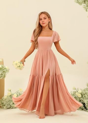 Girls Square Neck Junior Bridesmaid Dress for Wedding Short Sleeve Chiffon Flower Girl Dress4