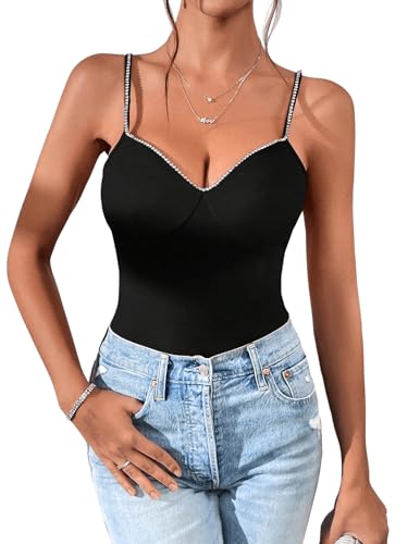 SOLY HUX Women's Rhinestone Cami Top V Neck Spaghetti Strap Slim Fit Camisole Summer Tops