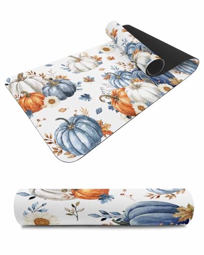 Debedcor Heat Proof Table Pads Waterproof Decorative, Blue White Orange Pumpkin Fall Non-Slip Table Countertop Protector, Thanksgiving Sunflower Insulation Mat for Dining Room, 48 x 12 Inches