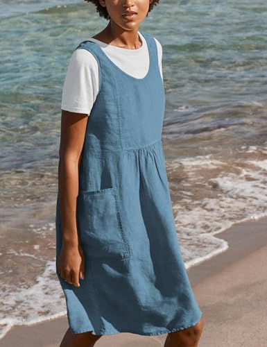 Image of Watashi Women Summer Sleeveless Dress Casual Cotton Linen Sundress Midi Tunic Tank Beach Dress with Pockets(Bluegrey-M)