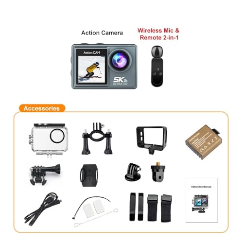 5K アクションカメラ 4K60FPS デュアル IPS タッチ LCD WiFi 170° 30M 防水 5X ズーム手ぶれ補正スポーツカメラ リモコン付き(With Touch Screen)