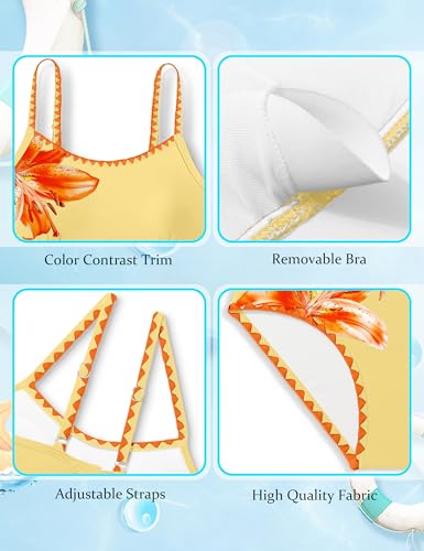 Image of Girls Swimsuit Solid Color Tankini Contrast Trim Swimwear 2 Piece Bathing Suit Padded Swimsuits for Teens 9-16Y