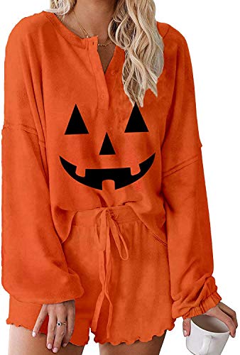 Image of Roshop Halloween Pajama Women's Pumpkin Matching Top & Shorts Loungewear Set