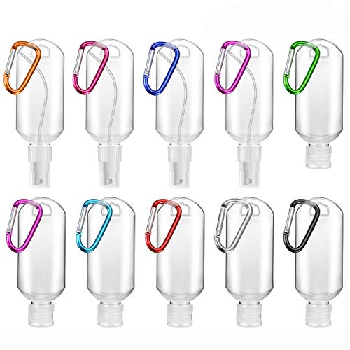 10PCS 2oz/50ml Travel Plastic Clear Keychain Bottles, Empty Leakproof Squeeze Containers, Including 6PCS Flip Cap Containers and 4PCS Fine Mist Spray Bottles for Cosmetics Shampoo Lotion Soap
