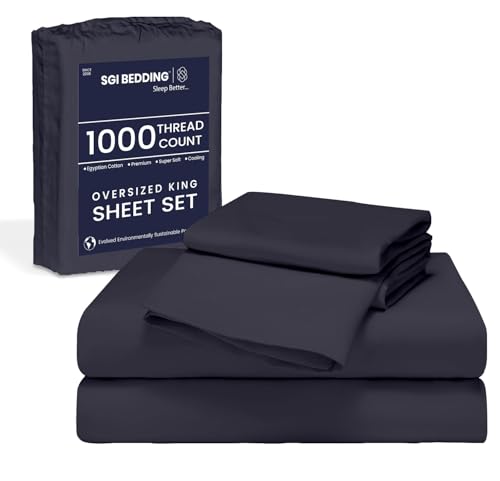 SGI bedding 84'x 84' 4 Pc Emperor/Wyoming King Sheet Set 1000 Thread Count 100% Egyptian Cotton - Deep Pocket 15' Ultra Soft, Breathable, Hotel Quality Sheets, Oversized Bed Sheets, Dark Gray