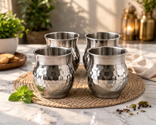 Image of STEEPLE Stainless Steel Kulhad Tea Cups 170 ml | Premium Hammered Tea & Coffee Cups | Steel Kulhad for Chai, Coffee, Milk & Juice | Drinking Cups for Home & Office (Set of 4)