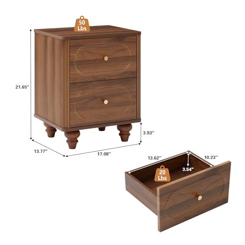 2 Drawer Fluted Nightstand Set of 2, Mid Century Modern Farmhouse Night Stand Small End Table Bedside Table for Bedroom, Living Room, Walnut - Image 4