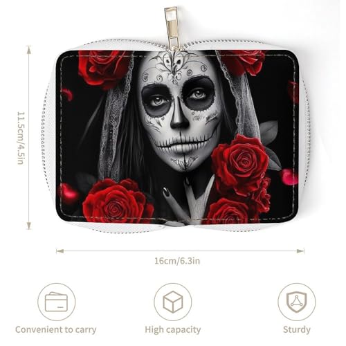 Men Women Credit Card Wallet with 20 Slots, Pu Leather Card Holder Organizer Bag Red Rose Mexican Sugar Skull Women Day of The Dead Art Zipper Slim Wallet3