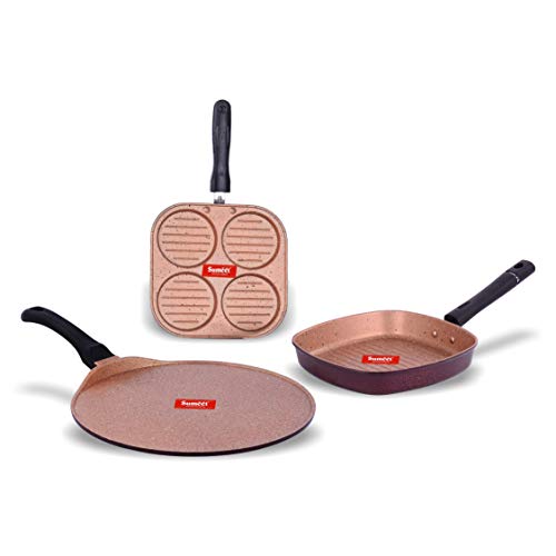 Image of Sumeet Nonstick Granite Finish DOROTHY cookware set (Grill Pan 22cm Dia + Mini Multi Snack Maker - 4 Cavity - 19.5cm Dia + Tawa 30.5cm Dia)