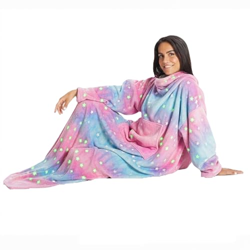 Kanguru Manta con Mangas Rainbow Glow in the dark, Estrellas, se ilumina en la oscuridad, Forro Polar, Microfibra, con bolsillo central, Arcoíris, 180x140cm, batamanta regalo Navidad o Cumpleaños