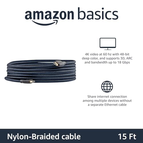 Image of Amazon Basics Nylon-Braided HDMI 2.0 Cable, 15ft, 4K@60Hz, 18Gbps, 2160p, 48 bit, Compatible with TV /PS5 /Xbox /Roku /Blu-ray, Ethernet, Black & Blue (Pack of 2)