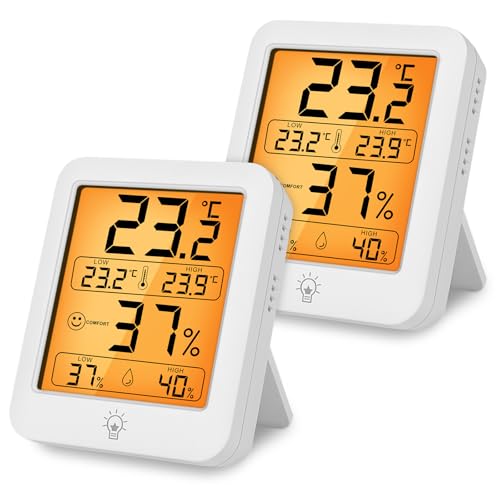 HOTUT Digitales Thermo-Hygrometer Innen, 2 Stück Thermometer und Luftfeuchtigkeit mit Hintergrundbeleuchtung, MIN/MAX Aufnahme, Raumthermometer für Schlafzimmer, Büro, Luftfeuchtigkeitsmessgerät HOTUT Digitales Thermo-Hygrometer Innen, 2 Stück Thermometer und Luftfeuchtigkeit mit Hintergrundbeleuchtung, MIN/MAX Aufnahme, Raumthermometer für Schlafzimmer, Büro, Luftfeuchtigkeitsmessgerät