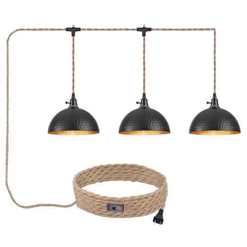 Image of 3 Light Plug in Pendant Lights Hammered Dome Hanging Lamp with Switch 22 Ft Long Hemp Rope Farmhouse Pndant Light Cord Lighting Fixture DIY Hanging Light