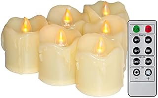 6PCS Led Flickering Flameless Wax Dripping Votive Tea Lights Candles with Remote Control Battery Operated / Electric Outdoor Tealights Timer Candle for Christmas,Xmas Decorations (Batteries Included)