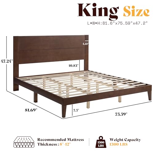 Image of AMERLIFE King Size Bed Frame with 48 inch Tall Headboard, Mid Century Modern Solid Wood Platform Bed with Silent Wood Slat System, No Box Spring Needed, Under-Bed Storage, Dark Walnut