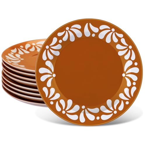 Potchen 8 Pcs Cielito Lindo Party Decoration Ceramic Plates Mexican Party Tableware Set Round De Barro Talavera Salad Plate for Dishwasher Oven Safe Baby Shower Wedding(Terracotta Color)