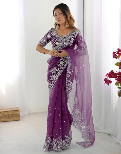 Image of SIRIL Women's Organza Sequence Embroidery Saree With Unstitched Blouse Piece
