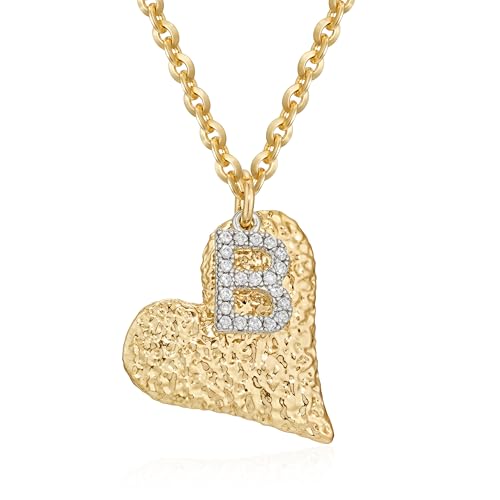 Dremmy Studios 14K Gold Plated Initial Necklaces for Women - Dainty CZ Gold Necklace, Personalized Letter B Heart Pendant Gift for Her, Special Design Gold Jewelry for Women
