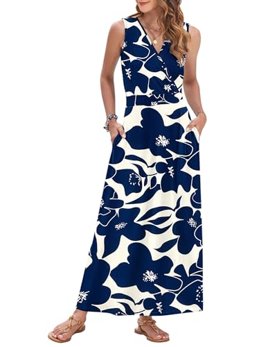 Image of AUSELILY Womens Maxi Dress Summer Sleeveless Wrap Long Dresses with Pockets | V-Neck Wrap Sleeveless Sundress, fits formal, casual, beach, vacation & daily wear