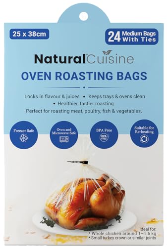 Natural Cuisine Oven Roasting Bags 25 x 38cm Pack of 24 Medium Bags with Ties BPA Free Oven & Microwave Safe Ideal for Chicken Meat & Vegetables