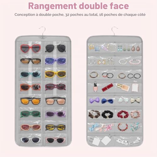 EEEKit Organisateur de Lunettes de Soleil Suspendu, 32 Poches Support de Rangement Bijoux et Lunettes Double Face, Porte-Rangement Anti-Poussière Murale avec Crochet – vue 3