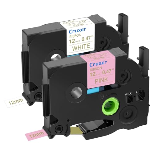 Cruxer 2 Pack Compatible for P-Touch TZe-RE34 TZ-R234 Gold Print on Pink White Satin Ribbon 12mm 1/2" 0.47inch for PT-D200 PT-D210 PT-D400 D450 D600 PT-H100 PT-1230PC PT-P710BT PT-D400AD Label Maker